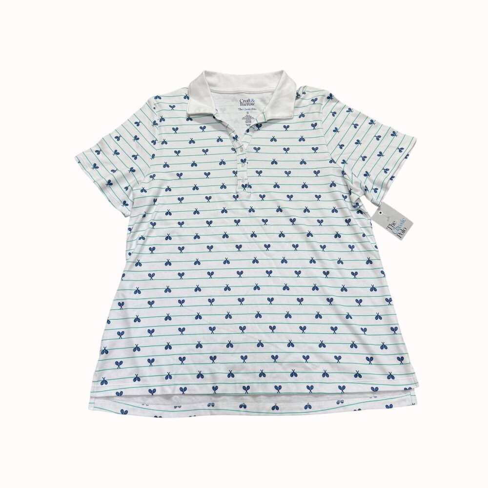 Croft Barrow Womens Polo Shirt Plus Size 1X Preppy White Blue Tennis Racquet